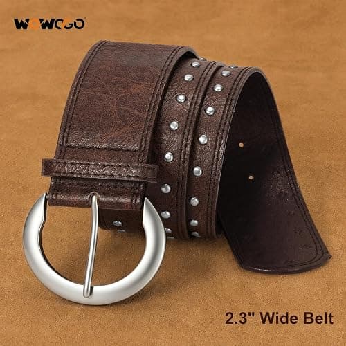 WOWOGO Wide Chunky Leather Belts for Women 2.3" Western Vintage Boho Studded Thick Waist Belt for Dresses thumbnail 3