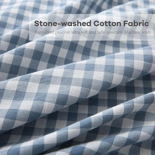 K MASANIJI Dust Blue White Plaid Ruffle Sheets Queen Size 4-Piece Set, 300TC 100% Yarn Dyed Cotton Sheets18 in Deep Pocket Classic Gingham Decorative Bedding (Dust Blue/White Plaid, Queen) thumbnail 7