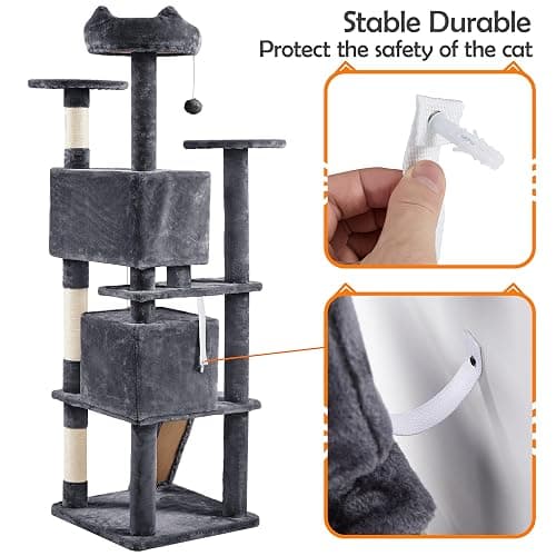 Yaheetech 62in Cat Tree Cat Tower for Indoor Kitty, Pet Furniture w/Double Condo, Scratching Posts, Multiple Platforms and Balls for Kittens, Dark Gray thumbnail 3