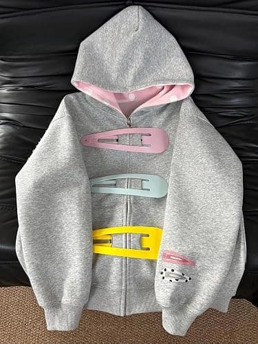 MiniLazy Y2K Hair Clips Cutecore Hoodie Women Wishcore Zip Up Whimsical Jacket Oversized Funky Gyaru Sweatshirt Clothes thumbnail 2