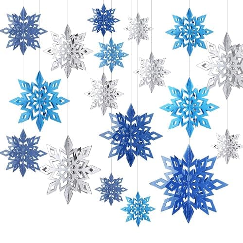 3D Hollow Christmas Winter Hanging Snowflakes Ornaments Decorations Glittery Large Snowflake Pendant Garlands for Winter Wonderland Party Home Decoration (Silver, Light Blue, Dark Blue,18 Pieces) - Image 1