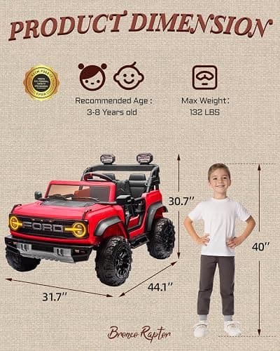 First Ride On Ford Bronco 24V Ride on Toys for Boys & Girls, 2 Seater Kids Electric Car with Remote Control, Kids Ride on Truck with 4 Wheels Suspension, Led Lights, Safety Belt (24V, Red) thumbnail 2