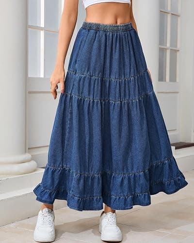 YEXPINE Women's Swing Chambray Maxi Skirt Elastic Waist Pleated Tiered Flowy Long Skirts Retro Denim Skirt thumbnail 8
