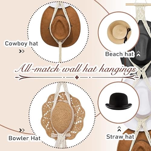 Yulejo Macrame Hat Hangers Boho Hat Rack for Wall Western Cowboy Hanging Organizer for Door Wall Room Bedroom thumbnail 4