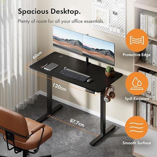 VonHaus Electric Standing Desk, USB-C Charging Height Adjustable Sit Stand Desk with Anti-Collision, Height Preset Technology & Cable Management, Black Four Piece Desktop & Steel Frame, 120x60cm thumbnail 3