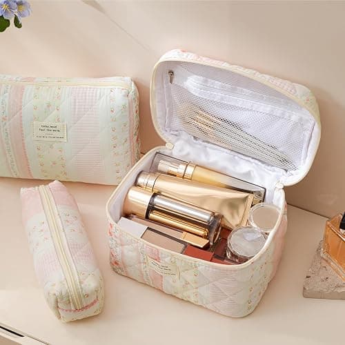 ⭐️HBselect Quilted Makeup Bag, 3Pcs Cotton Large Travel Makeup Bags Organizer | Cute Floral Make up Bag Cosmetic Bag Toiletry Bag for Women Girls, Makeup Pouch for Skincare, Brushes & Travel Essentials thumbnail 2