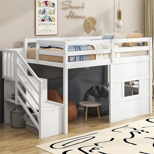 Twin Size Loft Bed with Storage Staircase and Window, Solid Wood Low Loft Bed Frame with LED Light, Full-Length Guardrails and Slats, Space-Saving Kids Bed, No Box Spring Needed, White Finish thumbnail 2