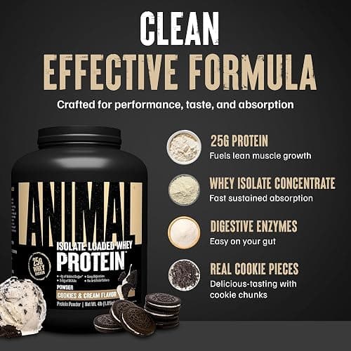 Animal Whey Isolate Protein Powder - Loaded for Pre & Post Workout Muscle Builder and Recovery with Digestive Enzymes for Men & Women - 25g Protein, Great Taste, Low Sugar - Cookies & Cream 4 lbs thumbnail 5