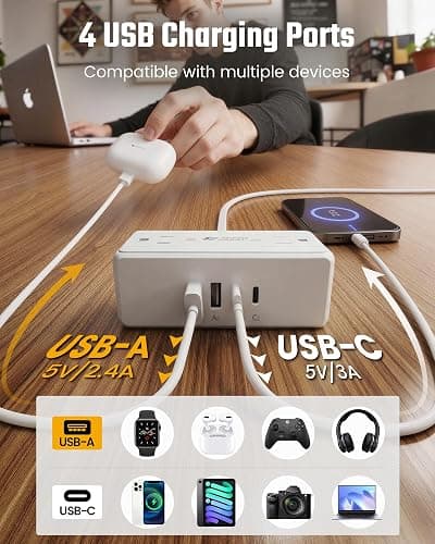 6 Ft Flat Plug Extension Cord with Multiple Outlets, SUPERDANNY Surge Protector Power Bar with 4 Outlets & 4 USB Ports (2 USB C), Small Outlet Extender for Home, Office Supplies, Dorm, Travel, White thumbnail 5