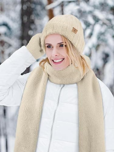 Winter Beanie Hat Scarf Gloves, Warm Fleece Knit Hat Long Scarf Neck Warmer Touch Screen Winter Gloves Set Gifts for Women thumbnail 5