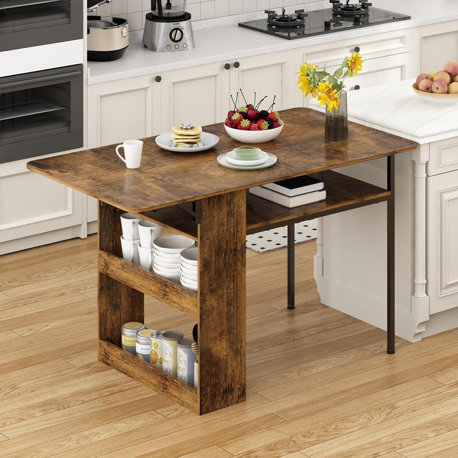Mesa Plegable para Cocina, Mesa de Comedor con Estantes de Almacenamiento,Ahorro de Espacio, Mesa de Cocina 2 o 4 Personas Extensible, Adecuada para Sala de Estar, Cocinas, Terraza y Oficinas thumbnail 3