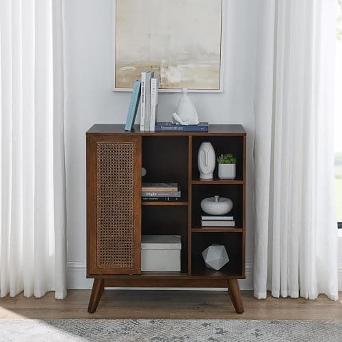 LKTART Mid Century Modern Storage Cabinet with Rattan Sliding Doors and Open Shelves, Boho Style Wooden Sideboard Buffet for Living Room,Dark Walnut thumbnail 4