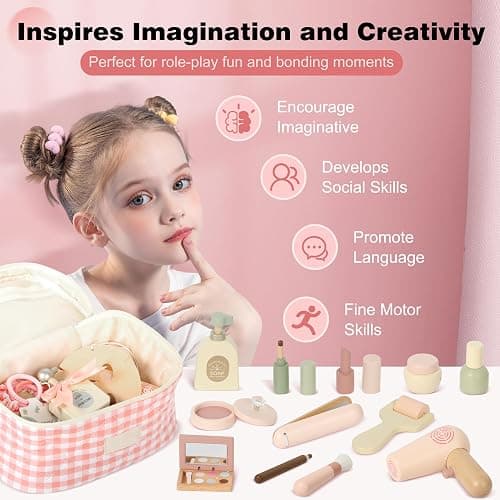 Pithfor Wooden Makeup Toy Set, Pretend Play Makeup Set for Kids Toddlers, Play Beauty Makeup Kit for Girls 3 4 5 6 7 Year Old thumbnail 7