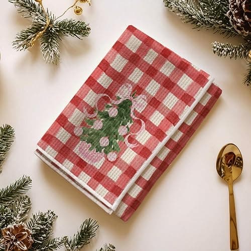 JINYO Red Buffalo Plaid Chinoiserie Christmas Kitchen Towels, Coquette Pink Bow Christmas Tree Decorative Hand Towels for Bathroom Kitchen, Grandmillennial Xmas Dish Tea Towel, 16x24 Inch thumbnail 7
