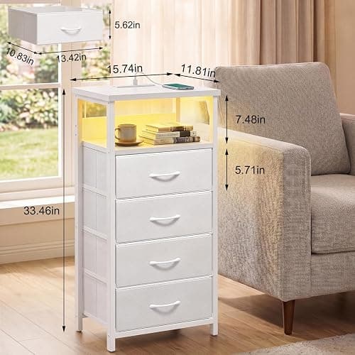 Fixwal Night Stand with Charging Station, White Led Nightstand, 4 Drawers | fabric drawer, built-in bedside charger, 2 AC outlets & 2 USB ports, open top shelf, bedroom furniture, end table thumbnail 3