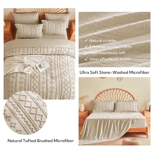 MR&HM Tufted Boho Comforter Set Queen, Linen Farmhouse Bedding Set, Bed in a Bag Set 7 Pieces with 1 Comforter, 2 Pillow Shams, 2 Pillowcases, 1 Flat Sheet, 1 Fitted Sheet for All Seasons thumbnail 7