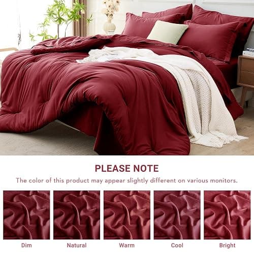 MUXHOMO 7 Pieces Full Comforter Set, Soft Bed in a Bag Full Size, All Season Bedding Set with Comforter, Flat Sheet, Fitted Sheet, Pillowcases & Shams, Burgundy Red thumbnail 4