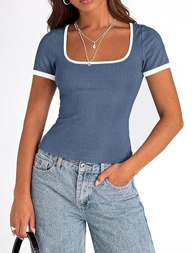 PRETTYGARDEN Women's Summer Short Sleeve T Shirts Ribbed Knit Square Neck Color Block Slim Fit Basic Casual Crop Tops Blouses thumbnail 8