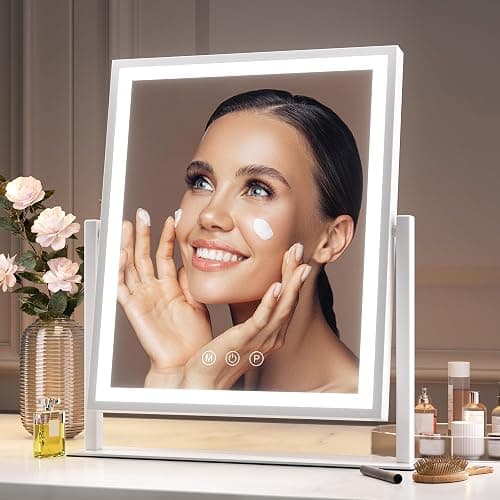 Hasipu Vanity Mirror with Lights, 12" x 14" LED Makeup Mirror, Light up Mirror with Smart Touch 3 Color Modes and Brightness Adjustment, 10X Magnifying Glass,360° Rotation thumbnail 5