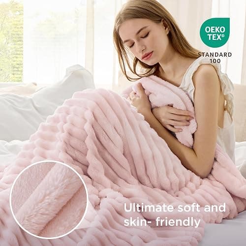 Bedsure Fleece Throw Blanket for Sofa - Fluffy, Crystal Pink, 130x170 cm | Striped Soft Cute and Cosy, Lightweight Warmth, Perfect for Room Decor, Travel, Camping, Gifts for Women and Girls thumbnail 5