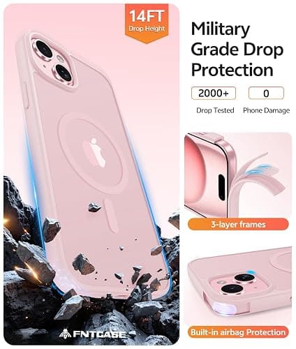 FNTCASE for iPhone 15/14/13 Case, Fit for Magsafe, Glass Screen Protector | Translucent Matte, Magnetic Phone Cases, 14FT Military Grade Drop Protection, Slim Shockproof Protective Cover, Light Pink thumbnail 5
