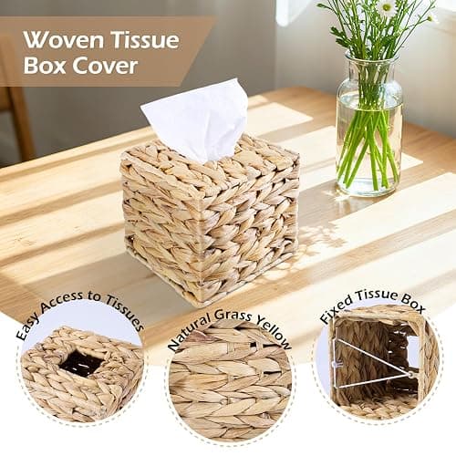 ARQRHTLY Wicker Trash Can and Handwoven Tissue Box Cover Set Rattan Waste Basket with Lid and Liner Boho Decorative Water Hyacinth Square Napkin Box Holder for Bathroom Bedroom Kitchen Living Room thumbnail 3