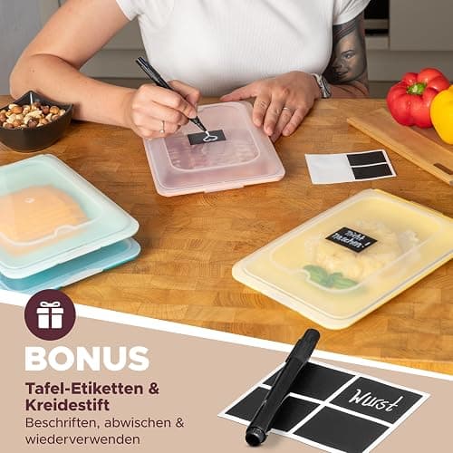 BUNDHEIM® Aufschnittboxen für Kühlschrank 4er Set | Aufschnittbox stapelbar ideal zur Wurst Aufbewahrung Kühlschrank | Frischhaltedosen mit Deckel inkl. Kreidestift und 4 Tafel-Etiketten (polychrom) thumbnail 6