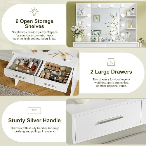 YESHOMY Vanity Desk with Mirror, Makeup Table with 2 Large Drawers, Power Outlet and Round Holder, 3 Color Modes Adjustable Bulb, White thumbnail 7