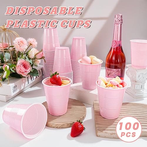 WELLIFE 12 OZ 100 PCS Pink Party Cups Heavy Duty Drinking Cups for Weddings, Valentine’s Day, Girls' gathering,Princess Birthday Parties - Image 1