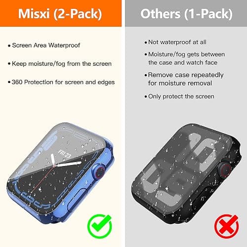 Misxi [2 Pack Waterproof Anti-Scratch Case with Button for Apple Watch Series 9 (2023) Series 8 Series 7 45mm, Hard PC Cover with Tempered Glass Screen Protector for iWatch, 1 Blue + 1 Transparent thumbnail 3