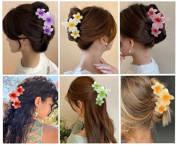 6 Pcs Big Flower Hair Claw Clips, 3Head Frangipani Flower Gradient Color Large Hair Clips, Beach Vacation Strong Hold Jaw Hairpin for Women Girls Hair Accessories (6 PCS Big) thumbnail 3