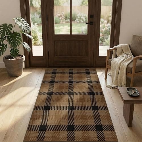 Easy Jute Brown Checkered 3x5 Entryway Rugs - Dark Plaid Rug Indoor Door Mats for Entrance, Front Porch, Outdoor Balcony, Kitchen Floor, Washable Non Slip Earthy Rustic Neutral Décor thumbnail 3
