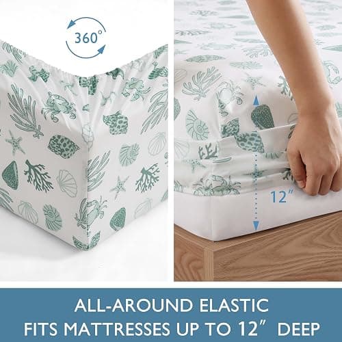 Caribbean Joe Queen Coastal Print Microfiber Sheet Set, Beachy Cove | Soft, comfortable 100% polyester microfiber 4-piece set with 12" deep pockets and a coastal seashell pattern thumbnail 6