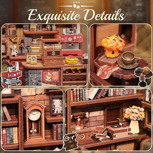 CUTEBEE Book Nook Kit - DIY Miniature House Coffee Shop Dollhouse Kit for Adults, Booknook Tiny House Bookshelf Decor 3D Wooden Puzzle, Gifts for Family, Friends (Corner Coffee Shop) thumbnail 6