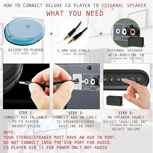 Deluxe Products CD Player Portable with 60 Second Anti Skip, Stereo Earbuds, Includes Aux in Cable and AC USB Power Cable for use at Home or in Car. Blue thumbnail 4