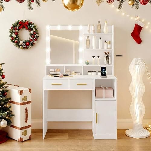 Hzuaneri Vanity Desk with Mirror and 10 LED Lights, Power Strip Makeup Vanity with 3 Shelves, Dressing Table with Drawers & Cabinet, 3 Adjustable Lighting Brightness, White DT34303XCA thumbnail 2