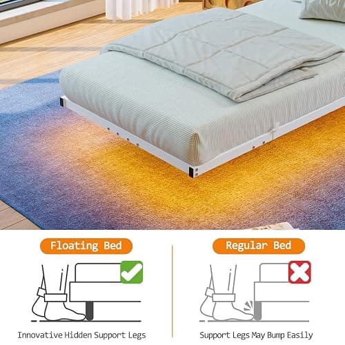 HAHRIR Single Floating Metal Bed Frame with LED Lights & USB Charging Station, 90×190cm Metal Platform Bed Frame with 3ft Upholstered Headboard Storage,Heavy Duty Metal Slats, Noise Free/White thumbnail 6