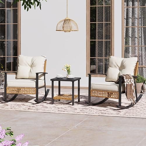 LAUSAINT HOME 3-Piece Rocking Bistro Set, Outdoor Patio Furniture with Thick Cushions and 2-Tier Coffee Table, Oversize Rattan Conversation Set for Garden, Balcony, Backyard (Beige) thumbnail 7
