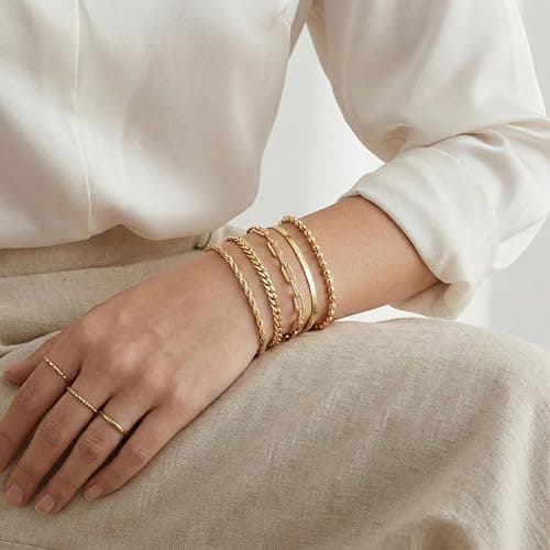 Poxtex Gold Bracelets for Women, 14K Real Gold Dainty 7" +2" Adjustable Multilayer Trendy Bracelets Set for Women Waterproof Inclued Beaded, Cuban, Paperclip, Snake, Rope, Figaro, Mirror, Satellite thumbnail 4