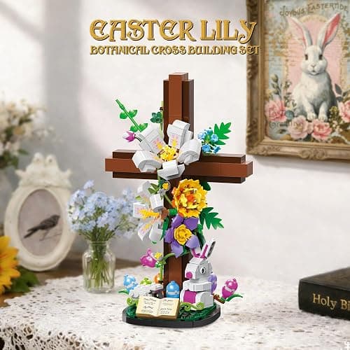 HiDectee Christian Cross Flower Building Set - Jesus Botanical Lily Cross with Bible Base & Spring Garden - Religious Faith Gifts for Women, Mom & Grandma - Spiritual Home Decor, Baptism thumbnail 3