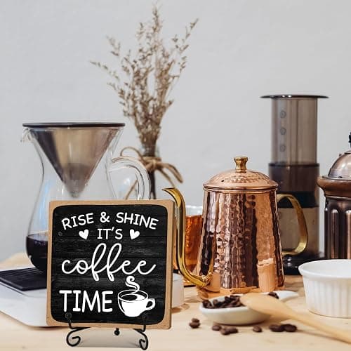 Farmhouse Coffee Bar Sign, Rise & Shine It's Coffee Time, 5"x5" Wood Plaque with Stand Gift for Home Kitchen Tabletop Decor -B09 thumbnail 2