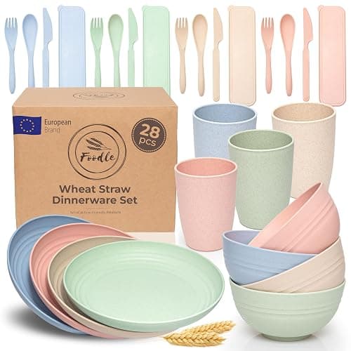 FOODLE Wheat Straw Dinnerware Set - BPA Free & Safety Tested - Dishwasher & Microwave Safe - Toddler & Kids Plates and Bowls Sets - Plastic Plates Reusable - Perfect for RV, Camping Dishes - For 4 - Image 1