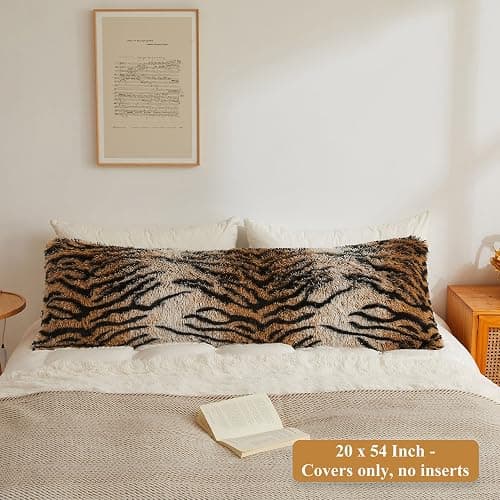 XeGe 20x54 Fluffy Body Pillow Cover, Tiger Print Plush Fuzzy Faux Fur Body Pillowcase with Zipper, Rectangular Shaggy Furry Long Pillow Cover for Pregnant Women Side Sleeper, Tiger Print Brown thumbnail 2