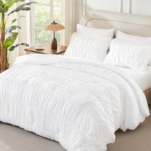 Andency Ruched White Queen Comforter Set, Shabby Chic Pleated Bedding Sets 3 Pieces, Lightweight Soft Boho Ruffle Bed Set for Girls, Kids, Women, All Season thumbnail 2