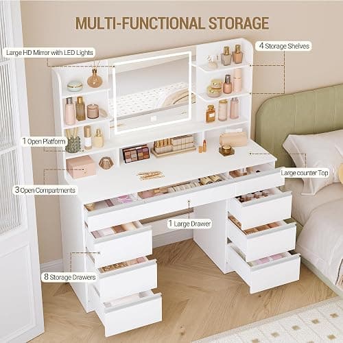 Hzuaneri 9 Drawers Vanity Desk with LED Light, Dressing Table with Large HD Mirror, 9 Open Storage Spaces Makeup Vanity for Bedroom, 3 Colors LED Strip, White DT41903WCA thumbnail 3