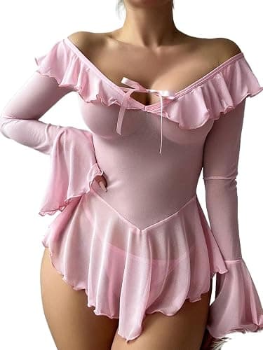Neohouny Sexy Lingerie for Women Rave Outfits Clubwear See Through Lingerie Sets Bell Sleeve Ruffle Mesh Tops thumbnail 2