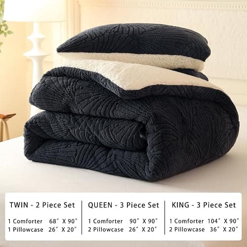 tohrisa Seashell Jacquard Sherpa Comforter Set Warm Cozy Premium Bedding 3 Pieces, Full/Queen Size Geometric Pattern Quilt Comforter with 2 Pillowcases(90"X90" Grey) thumbnail 6