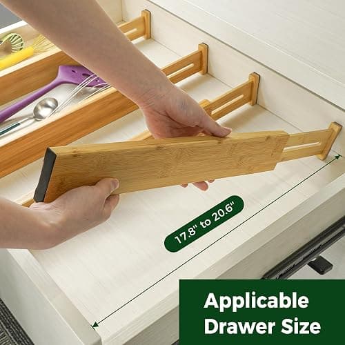 Utoplike 4 pcs Bamboo Kitchen Drawer Dividers Large, Adjustable Drawer Organizers, Spring Loaded, Works in Kitchen, Dresser, Bathroom, Bedroom, Drawer, Desk - Natural - Large thumbnail 3