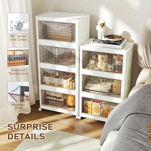 4 Tier Storage Bins with Lids, 23QT Stackable Closet Organizers and Storage with Wheels, Collapsible Storage Boxes, Foldable Plastic Storage Containers for Home,Office, Dorm Room-White thumbnail 4