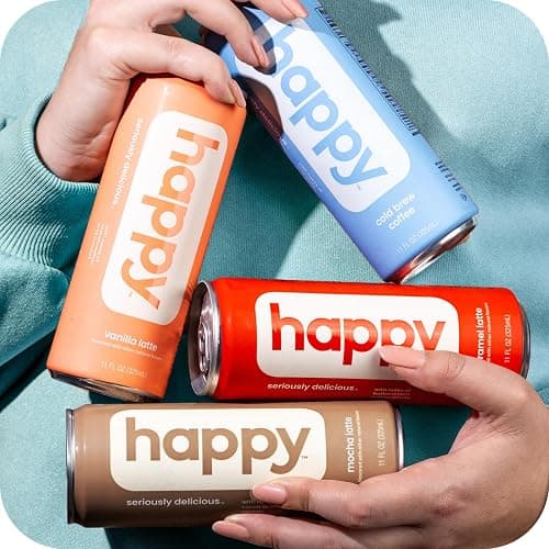 happy coffee canned mocha latte, 11 oz. cans, 12 pack, notes of cocoa & elation, 100% arabica beans, no artificial flavors or sweeteners thumbnail 4